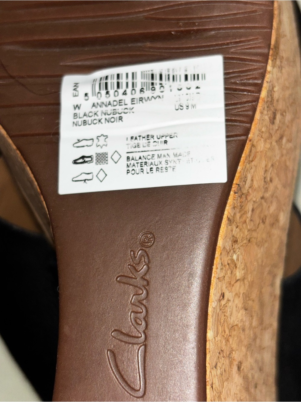 Clark’s Black Cork Wedge Slingback Sandals Annadel Eirwyn NWB 9M Nubuck 3” - Picture 7 of 8